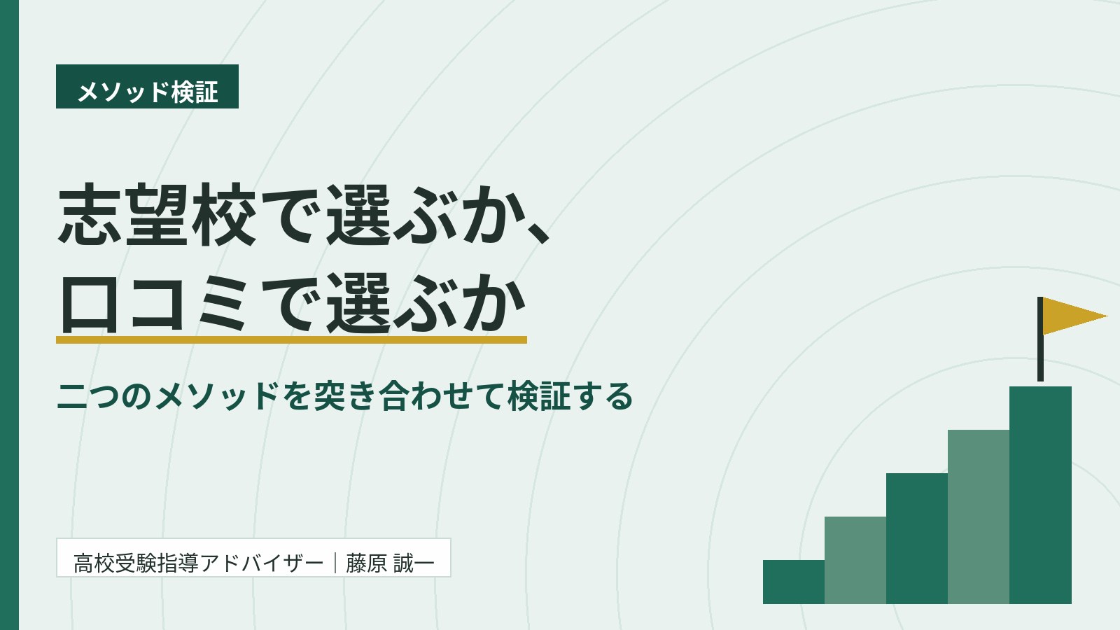 志望校から逆算する藤原メソッドと口コミから確かめる佐藤メソッドの比較検証を示すアイキャッチ。高校受験指導アドバイザー・藤原 誠一が整理